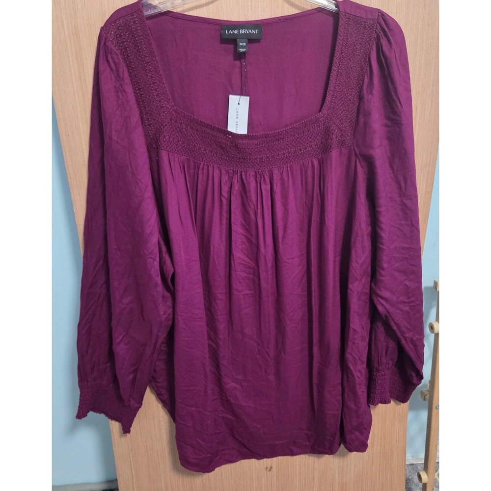 Lane Bryant Size 26/28 Purple Smocked Square Neck Long Sleeve Peasant Blouse Top